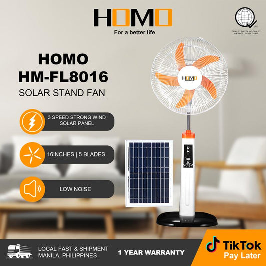 HOMO Solar Rechargeable Stand Fan | HM-FL8016 | 32pcs LED Light Night | AC/DC Input |  5 Speed Choice