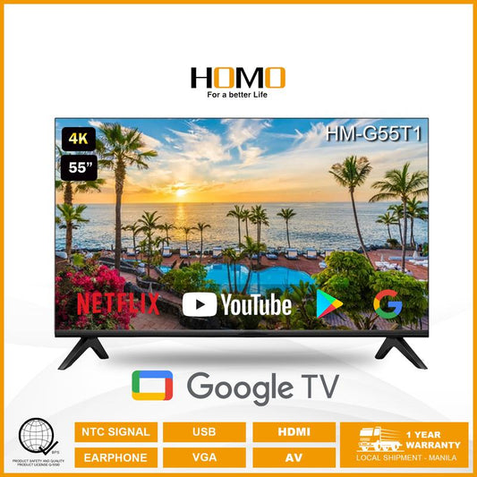 [FREE BRACKET] HOMO 55" HD SMART TV  Model: HM-G55T1  Android TV | Smart TV I Google TV AC Voltage: 100-240V (50-60Hz)  TV Screen Type: LCD/LED