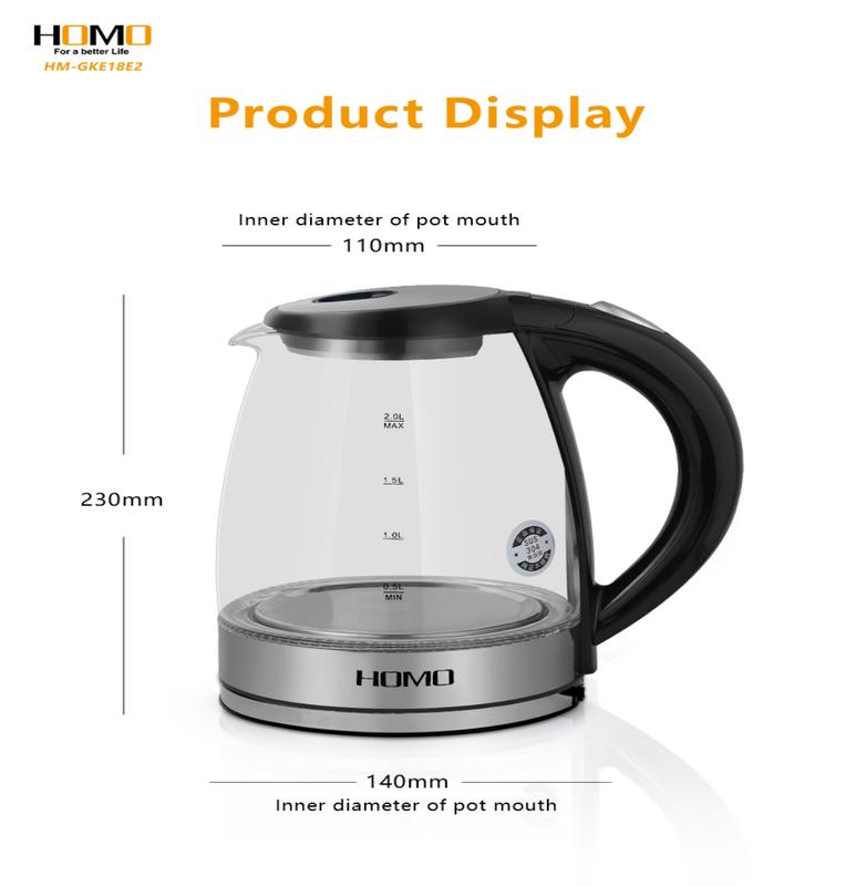 HOMO Electric Kettle 2.0L Glass | MODEL: HM-GKE20E1 |  220 - 240 V ~ Rated Voltage | 50/60 Hz Frequency