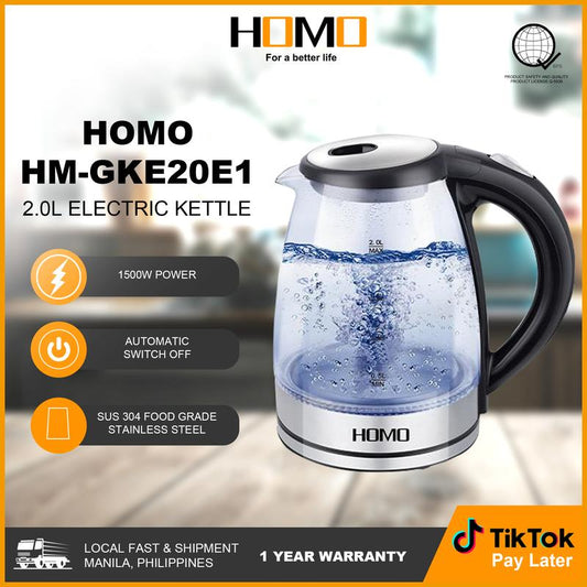 HOMO Electric Kettle 2.0L Glass | MODEL: HM-GKE20E1 |  220 - 240 V ~ Rated Voltage | 50/60 Hz Frequency