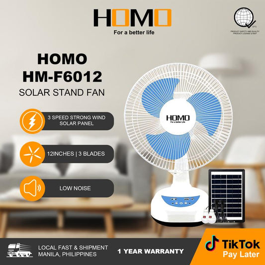 HOMO Solar Rechargeable Fan 12" | HM-F6012 HM- | 2 LED Lights 220V AC |  3 Speed Choice | Desktop Electric Fan | Outdoor Fan