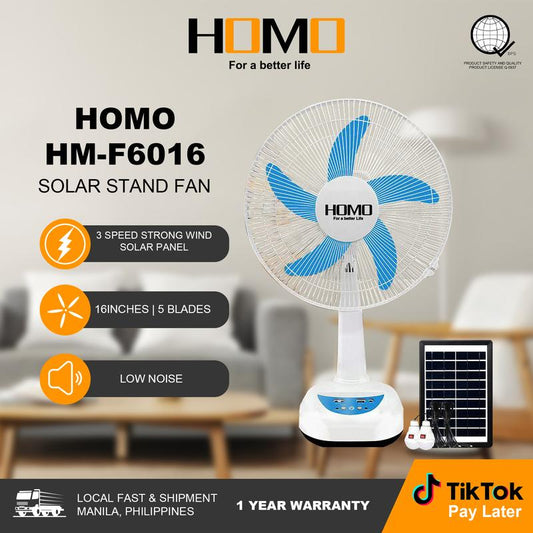 HOMO Solar Rechargeable Fan | HM-F6016 | 2 LED Lights 220V AC |  2 Speed Choice | Desktop Electric Fan | Outdoor Fan